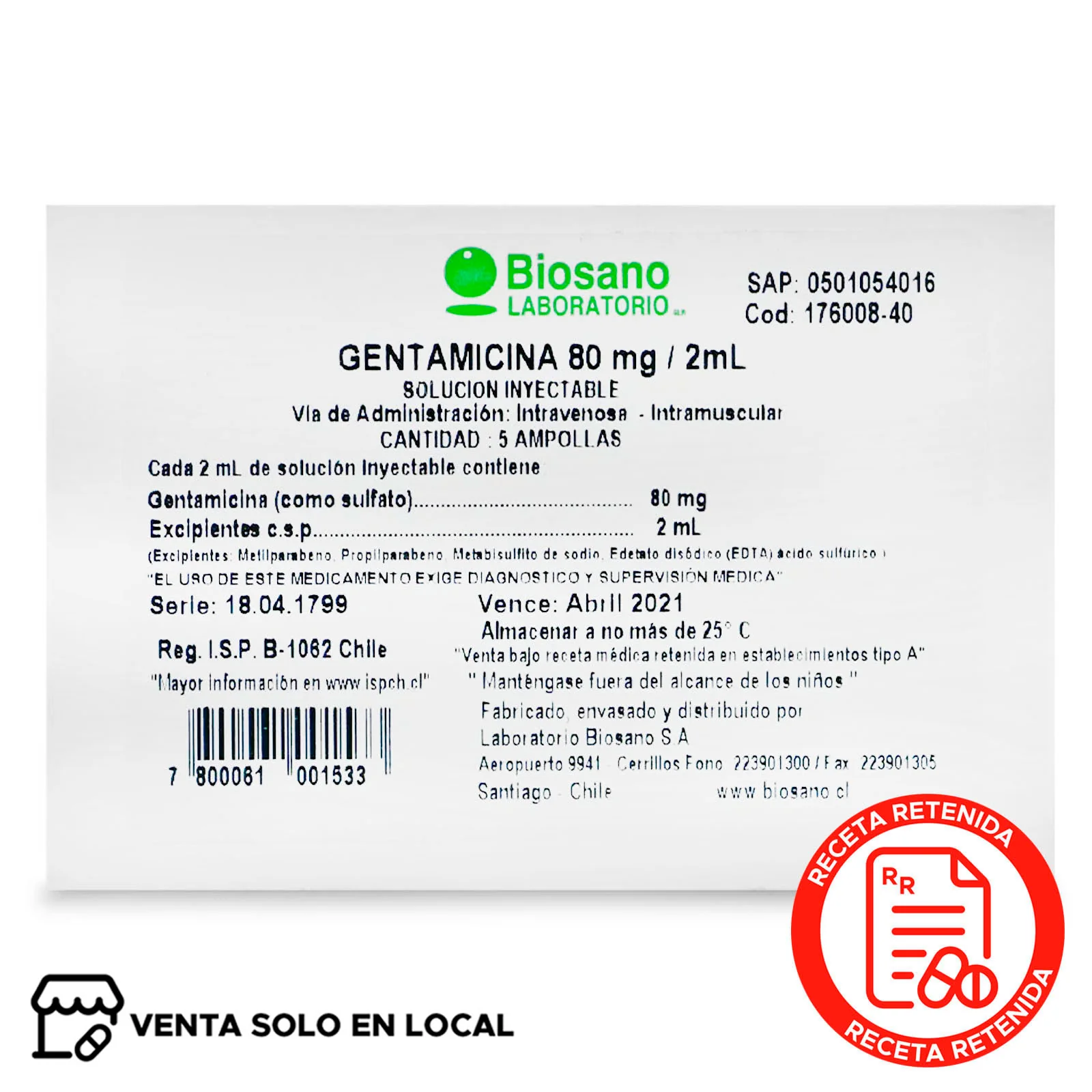Gentamicina Solución Inyectable 80mg/2mL (disponible solo para venta presencial)
